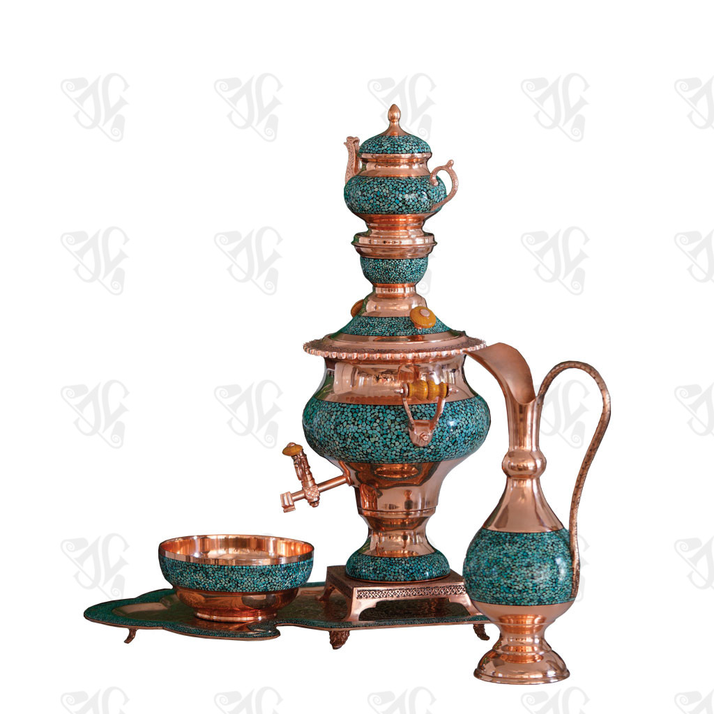 Persian Turquoise Inlaid Samovar Set (Samovar, Teapot, Pitcher, Bowl, &amp; Tray)
